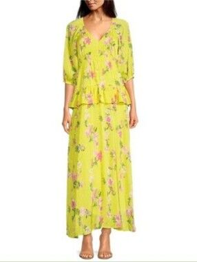 Taylor Yellow Floral Smocked Tiered Midaxi Dress Size 12